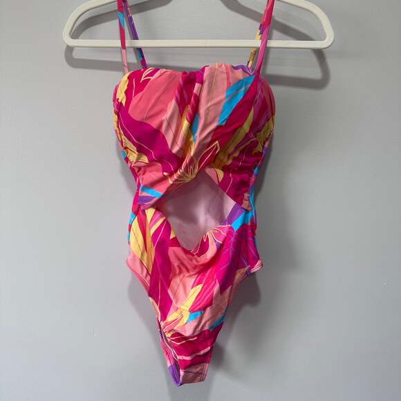 Abstract Floral Sweetheart Neckline One Piece Swimsuit, Sz S - Picture 5 of 7